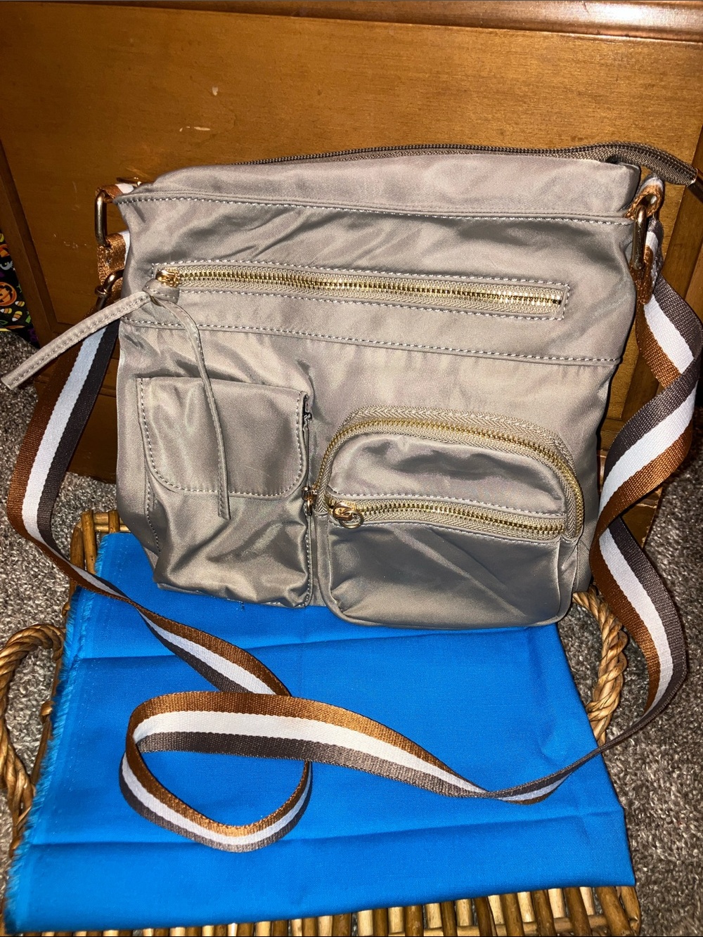 Urban Outfitters Light Taupe Crossbody with Brown & White Striped Strap 10”